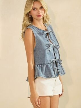 Luxe Coquette Denim Tie-Front Waistcoat – Romantic Bow & Ruffle Peplum 🎀